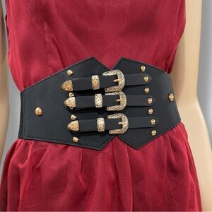 Black Gold Triple Buckle Wide Corset Belt NWT
